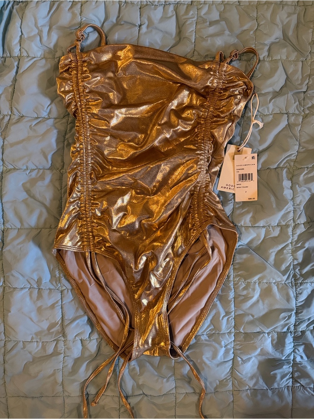 NWT Good American Metallic Gold One-Piece Swimsuit with Ruched Sides size 2